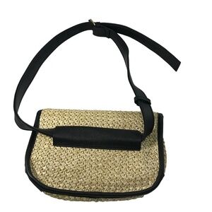Straw Woven Crossbody Bag with Black Faux Leather Trim